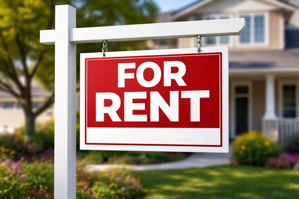 sign in front of a house that says for rent